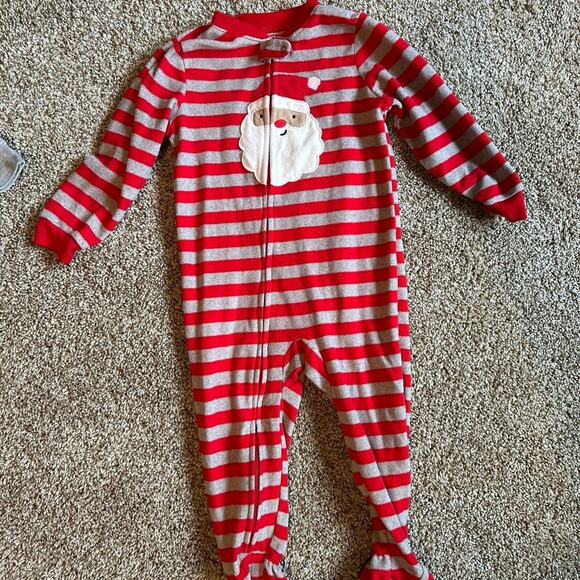 Carters fleece pajamas- Xmas- red and gray stripe with Santa - Picture 2 of 3